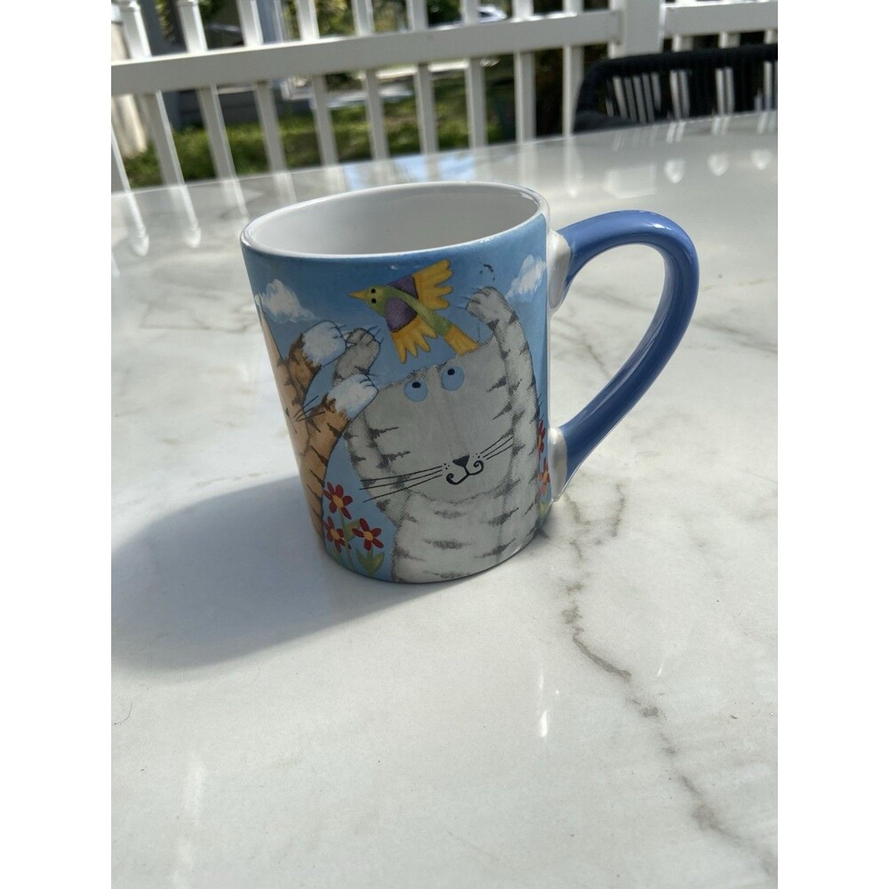 Gibson Debi Hron Cat Chasing Birds Mug 2006 Whimsical Folk Art Blue Handle